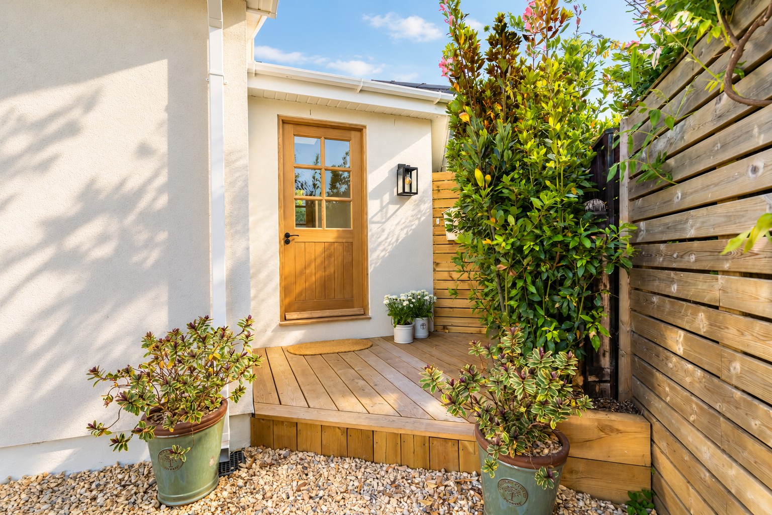 Sunlit wooden front door with decking and potted plants