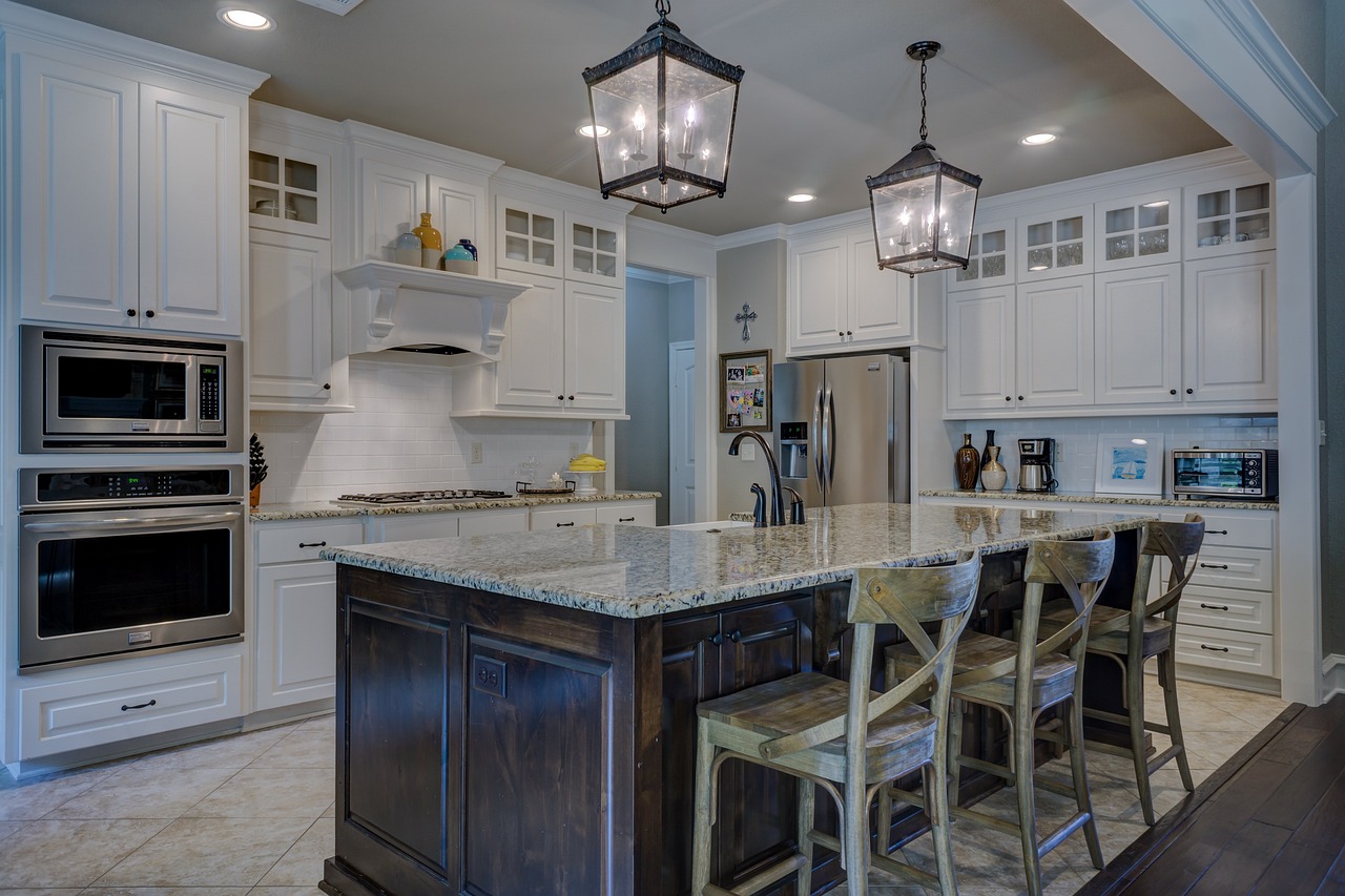 Kitchen island and seating in a prepared home